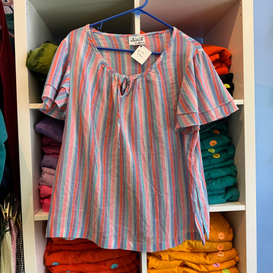 VINTAGE ALAMODE MULTICOLOR STRIPED FLOWY BLOUSE !