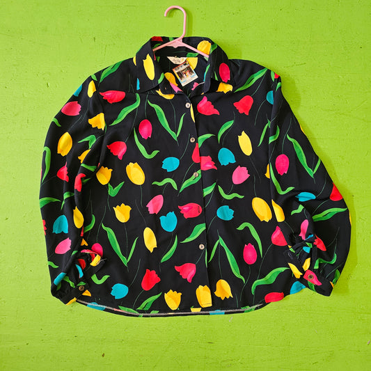 VINTAGE MULTICOLOR TULIP BUTTON UP!
